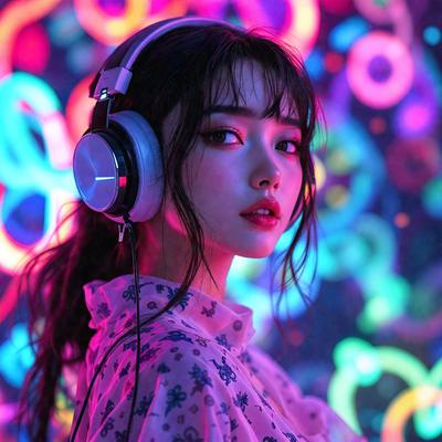 The primary subject of the image is a woman wearing headphones and a pink shirt. She is standing in front of a colorful background featuring a pattern of circles. The visual style of the image is a combination of photo and digital art, creating a vibrant and lively atmosphere. The colors and mood of the image are predominantly pink and lively, with the woman's outfit and the background's vivid colors contributing to the overall cheerful ambiance.